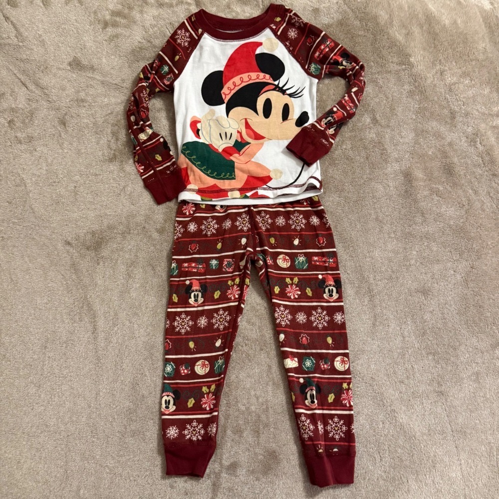 Disney Minnie Mouse Girls Christmas Pajama Set Burgundy Holiday Size 3T
